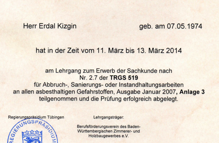 Beispielarbeit von Erdal Kizgin Dienst am Bau NRW - veröffentlicht auf Bauunternehmen.org